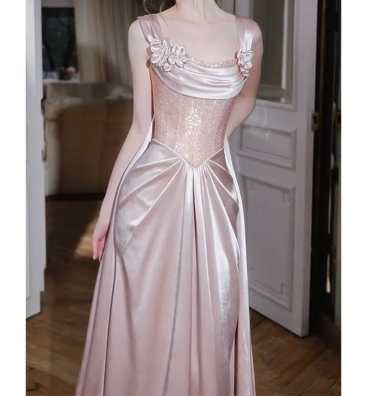 Wide Strap Floral Fishbone Floral Satin A-Line Evening Gown