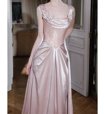 Wide Strap Floral Fishbone Floral Satin A-Line Evening Gown