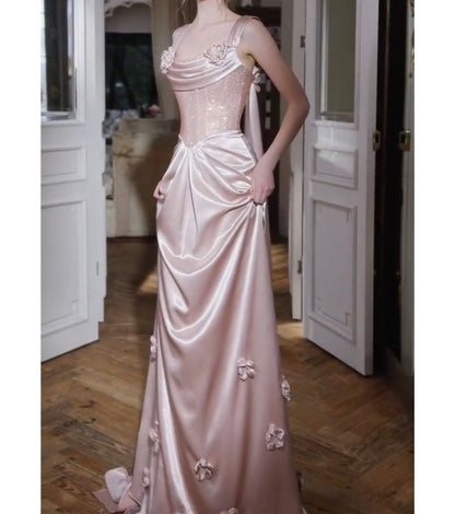 Wide Strap Floral Fishbone Floral Satin A-Line Evening Gown