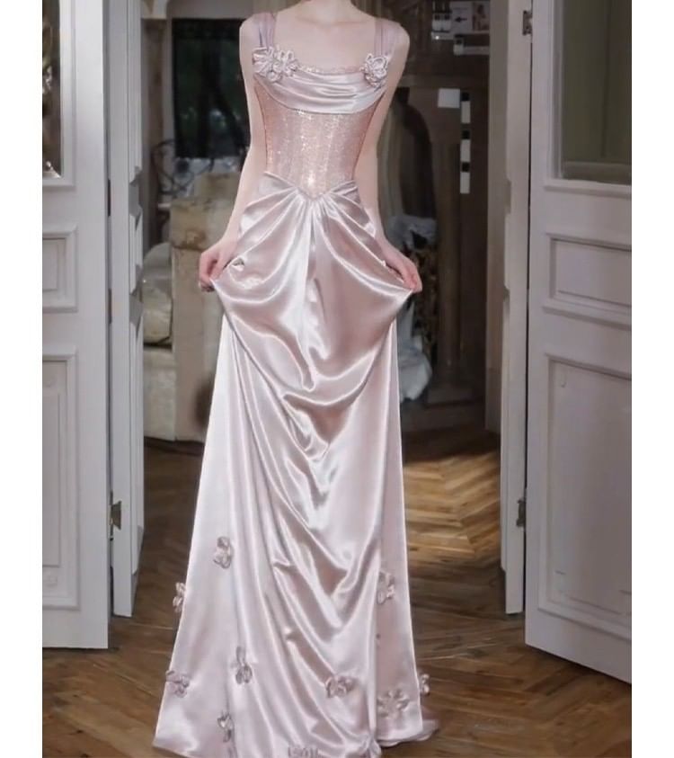 Wide Strap Floral Fishbone Floral Satin A-Line Evening Gown