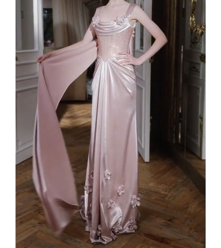 Wide Strap Floral Fishbone Floral Satin A-Line Evening Gown