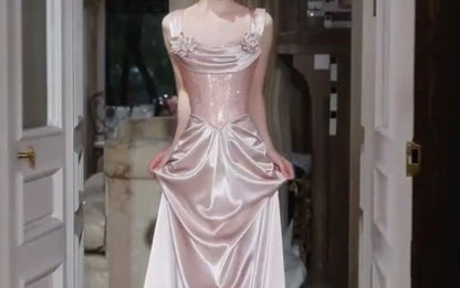 Wide Strap Floral Fishbone Floral Satin A-Line Evening Gown