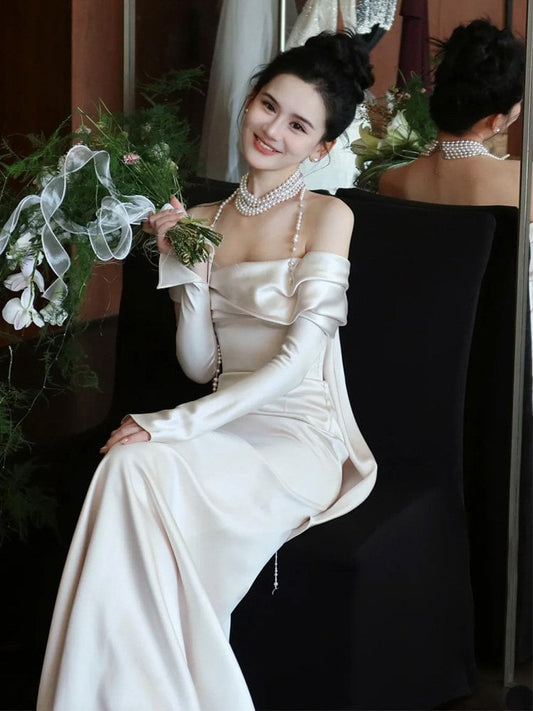Off-Shoulder Long-Sleeve Satin A-Line Evening Gown