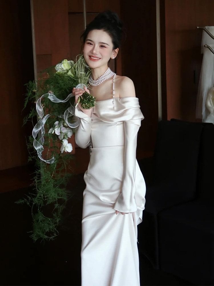 Off-Shoulder Long-Sleeve Satin A-Line Evening Gown