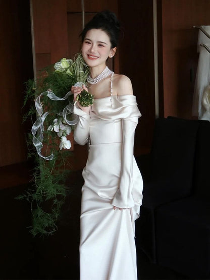 Off-Shoulder Long-Sleeve Satin A-Line Evening Gown