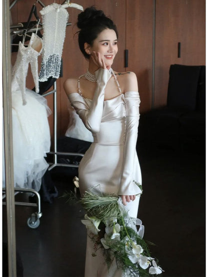 Off-Shoulder Long-Sleeve Satin A-Line Evening Gown