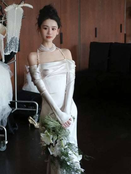 Off-Shoulder Long-Sleeve Satin A-Line Evening Gown