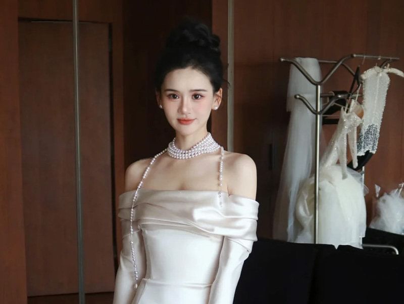 Off-Shoulder Long-Sleeve Satin A-Line Evening Gown