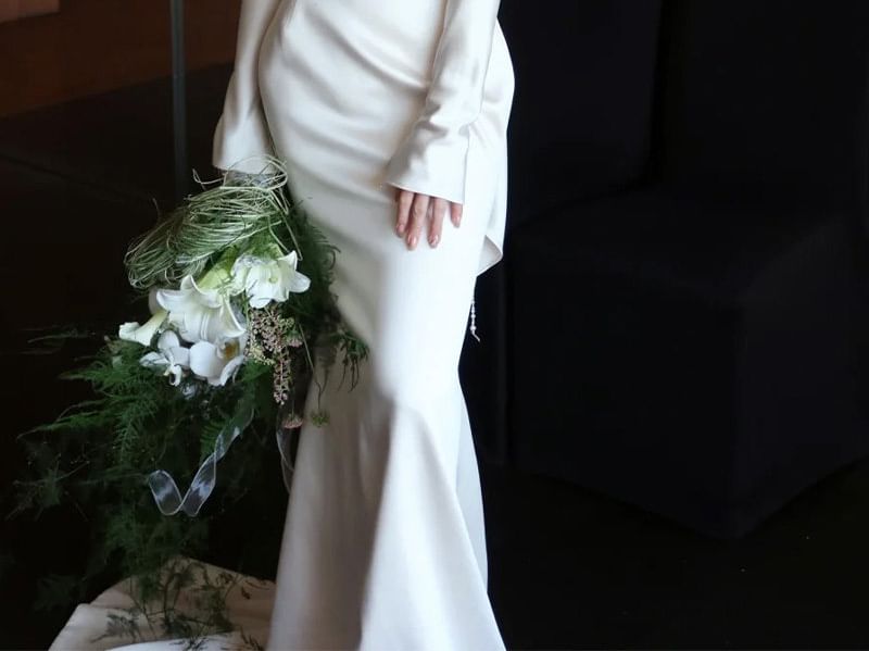 Off-Shoulder Long-Sleeve Satin A-Line Evening Gown