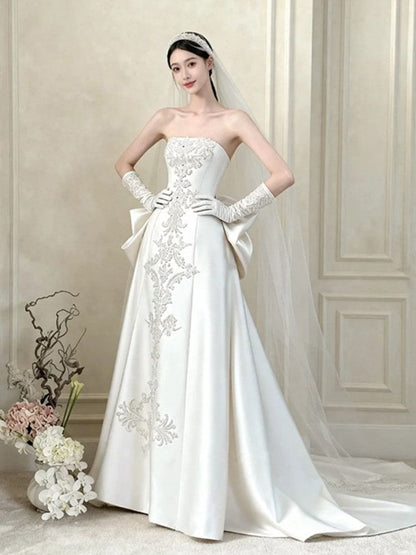 Strapless Floral Applique Bow Back A-Line Wedding Gown