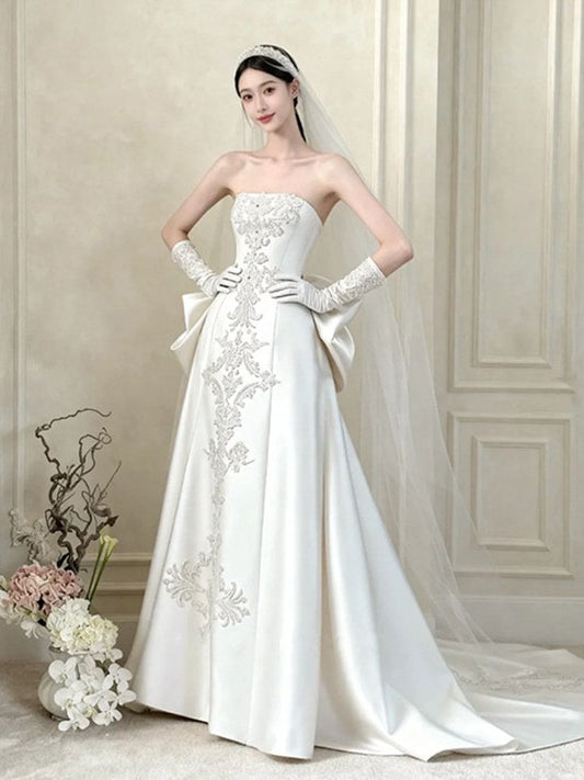 Strapless Floral Applique Bow Back A-Line Wedding Gown