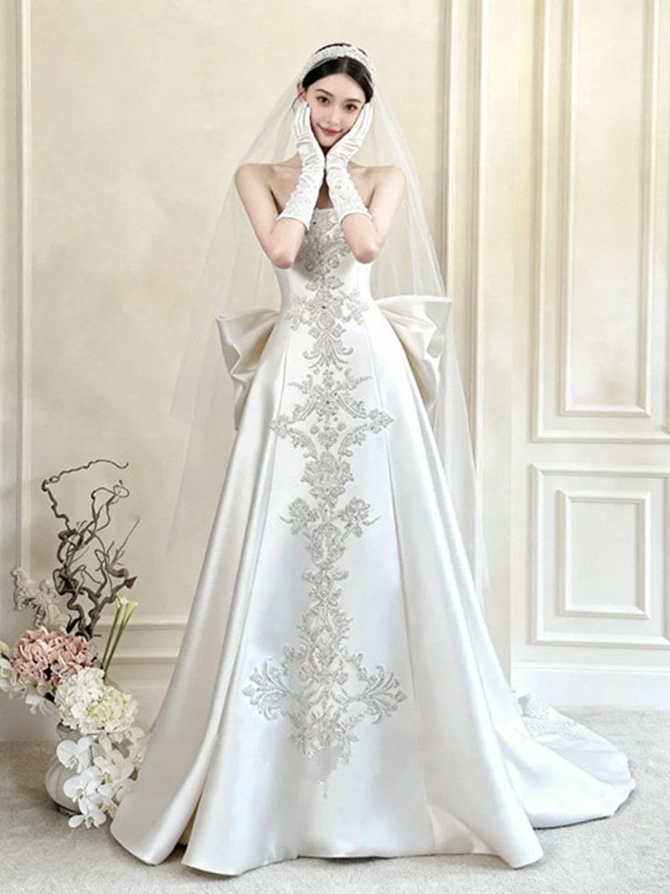 Strapless Floral Applique Bow Back A-Line Wedding Gown