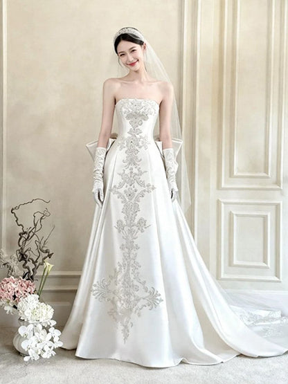 Strapless Floral Applique Bow Back A-Line Wedding Gown