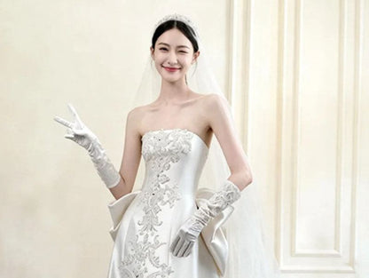 Strapless Floral Applique Bow Back A-Line Wedding Gown