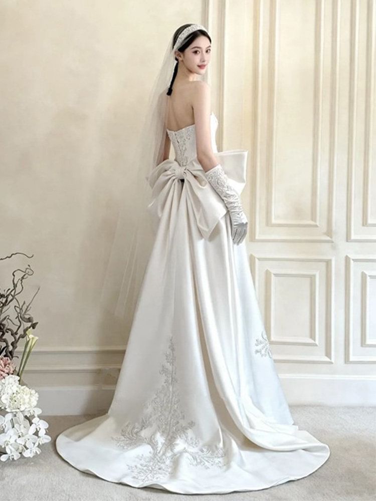 Strapless Floral Applique Bow Back A-Line Wedding Gown