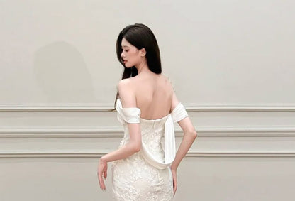 Off-Shoulder Asymmetrical A-Line Lace Wedding Gown