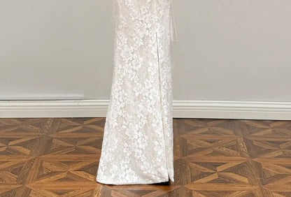 Off-Shoulder Asymmetrical A-Line Lace Wedding Gown