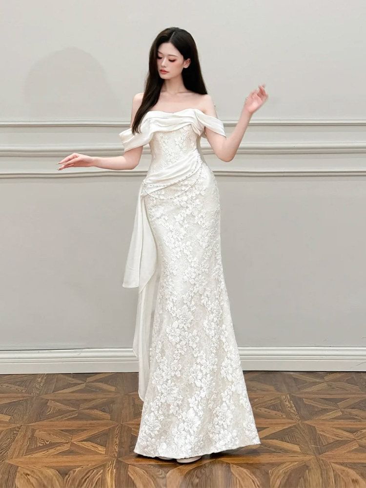 Off-Shoulder Asymmetrical A-Line Lace Wedding Gown