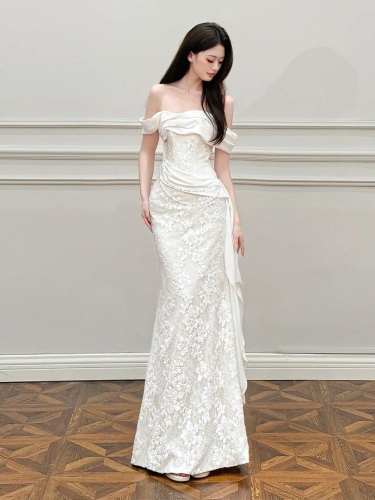 Off-Shoulder Asymmetrical A-Line Lace Wedding Gown