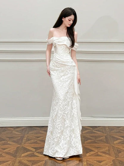 Off-Shoulder Asymmetrical A-Line Lace Wedding Gown