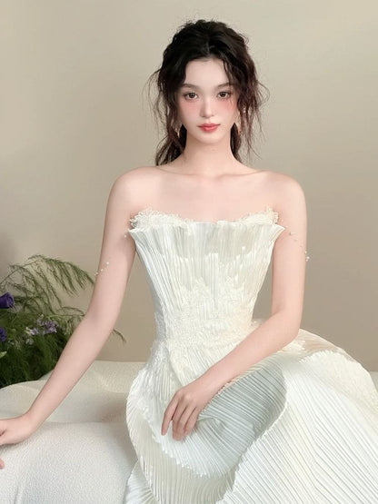 Strapless Satin Accordion Pleat A-Line Evening Gown