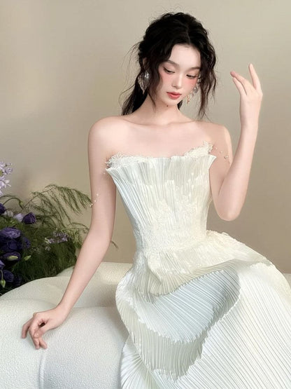 Strapless Satin Accordion Pleat A-Line Evening Gown