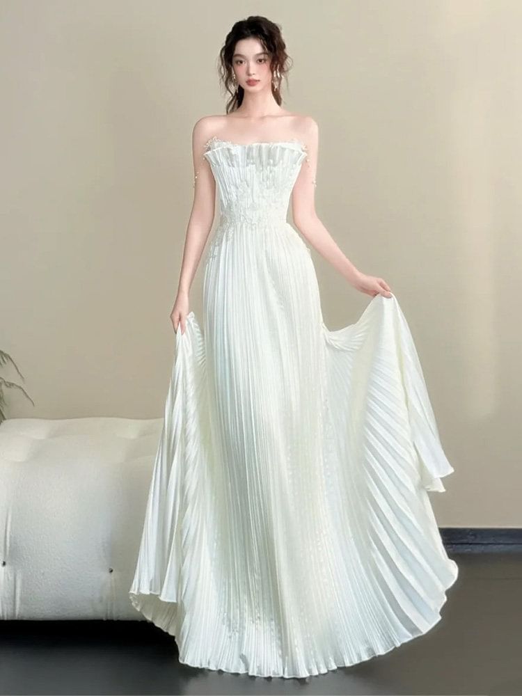 Strapless Satin Accordion Pleat A-Line Evening Gown