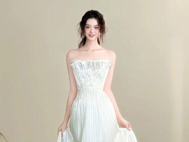 Strapless Satin Accordion Pleat A-Line Evening Gown