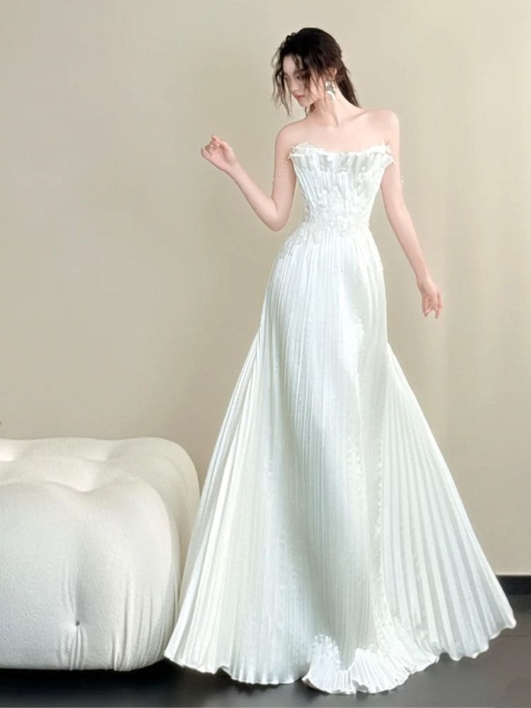 Strapless Satin Accordion Pleat A-Line Evening Gown