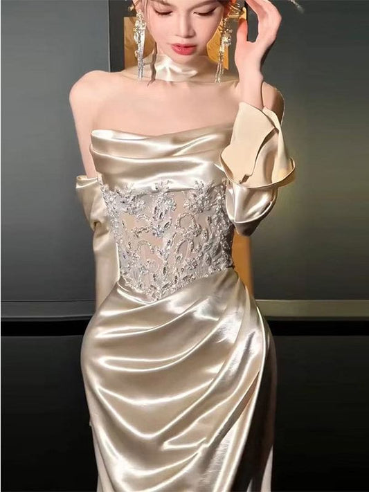 Off-Shoulder Lace Panel Satin A-Line Evening Gown