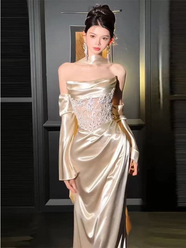 Off-Shoulder Lace Panel Satin A-Line Evening Gown