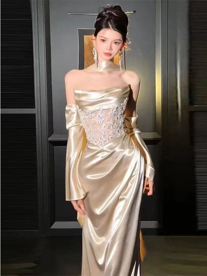 Off-Shoulder Lace Panel Satin A-Line Evening Gown