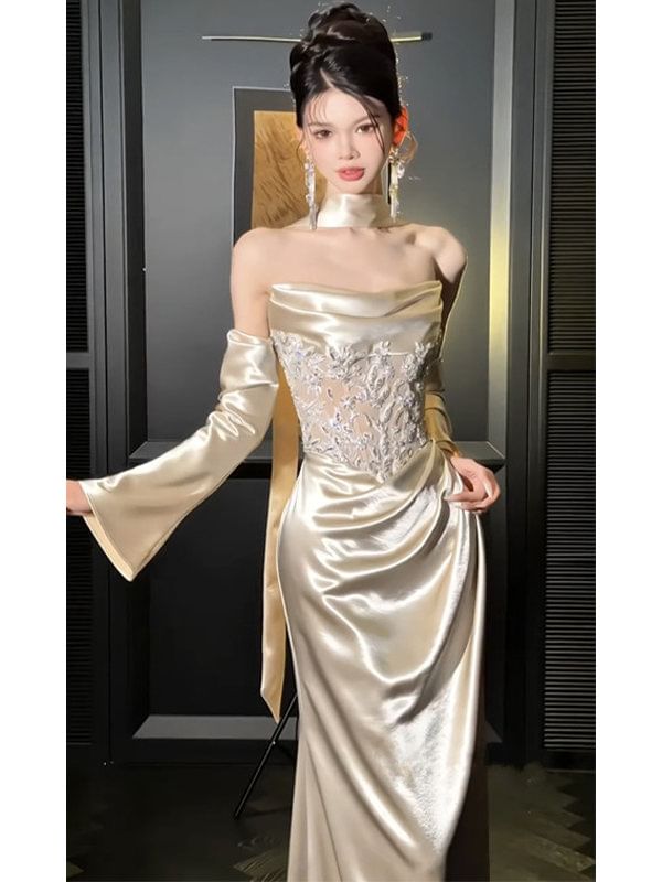 Off-Shoulder Lace Panel Satin A-Line Evening Gown