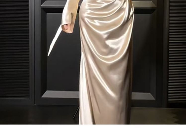 Off-Shoulder Lace Panel Satin A-Line Evening Gown