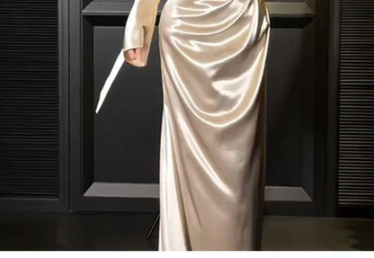 Off-Shoulder Lace Panel Satin A-Line Evening Gown