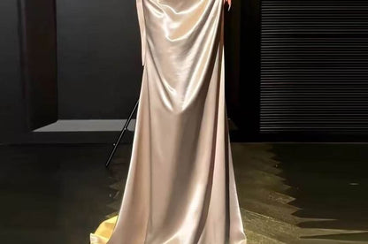 Off-Shoulder Lace Panel Satin A-Line Evening Gown