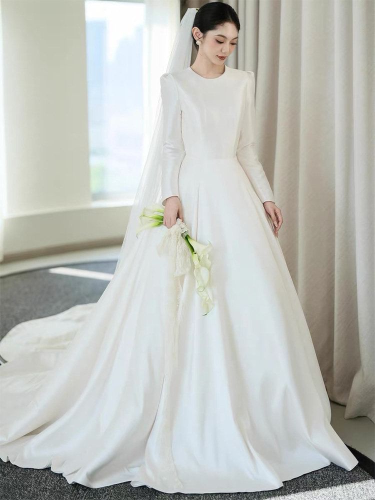 Long-Sleeve Satin A-Line Wedding Gown