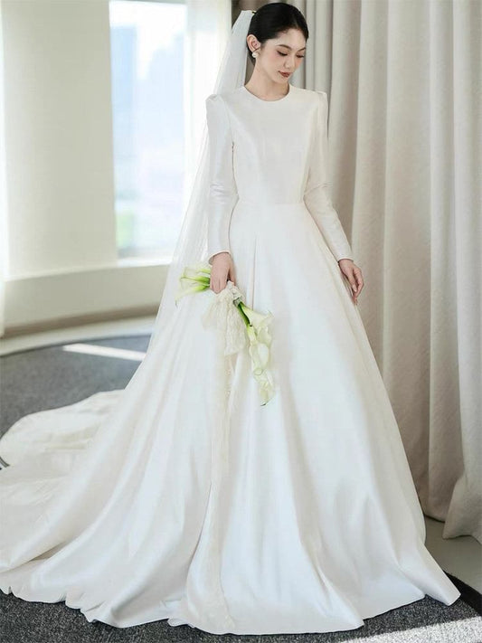Long-Sleeve Satin A-Line Wedding Gown