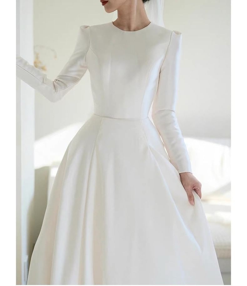 Long-Sleeve Satin A-Line Wedding Gown