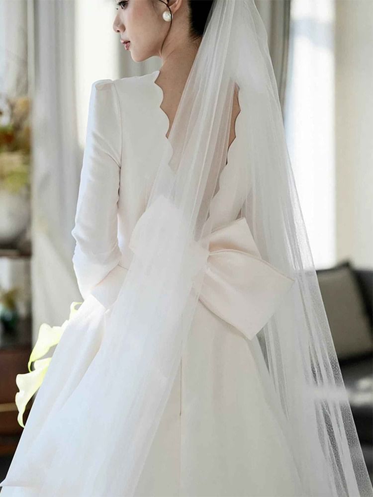 Long-Sleeve Satin A-Line Wedding Gown