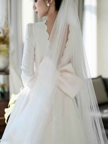 Long-Sleeve Satin A-Line Wedding Gown