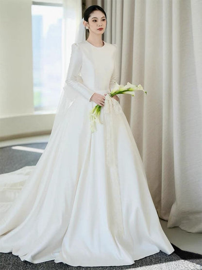 Long-Sleeve Satin A-Line Wedding Gown