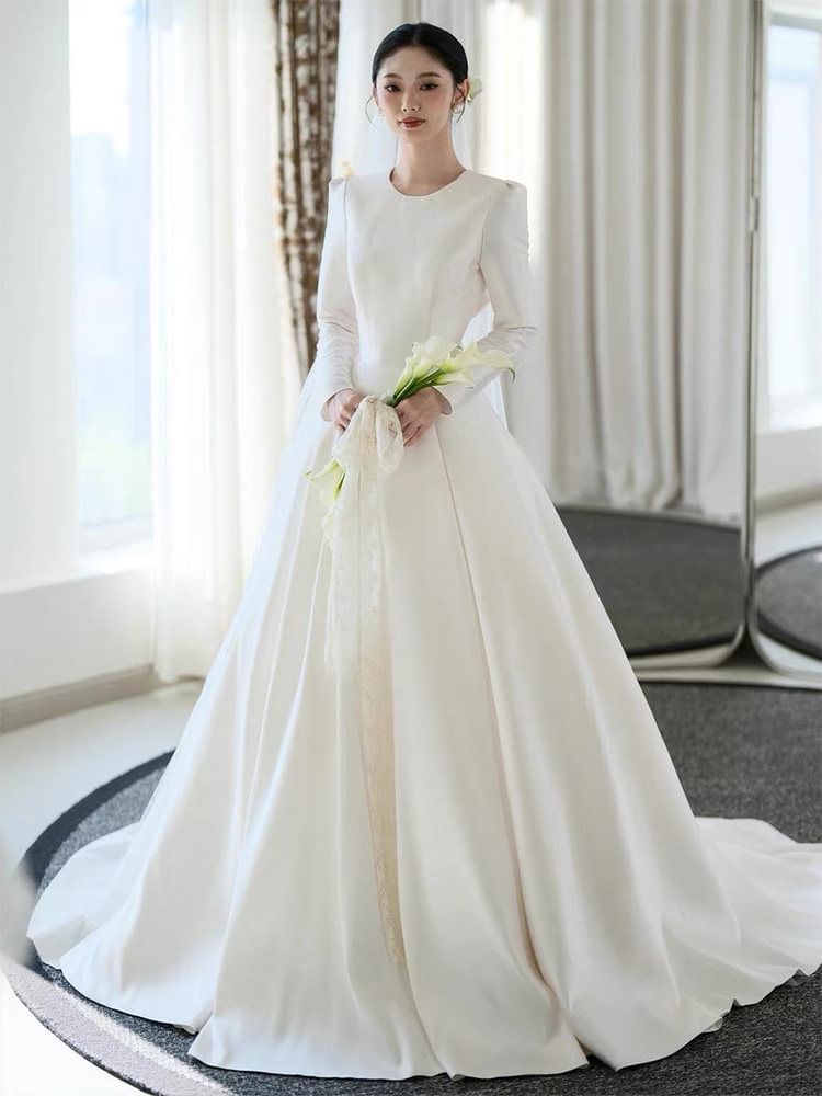 Long-Sleeve Satin A-Line Wedding Gown