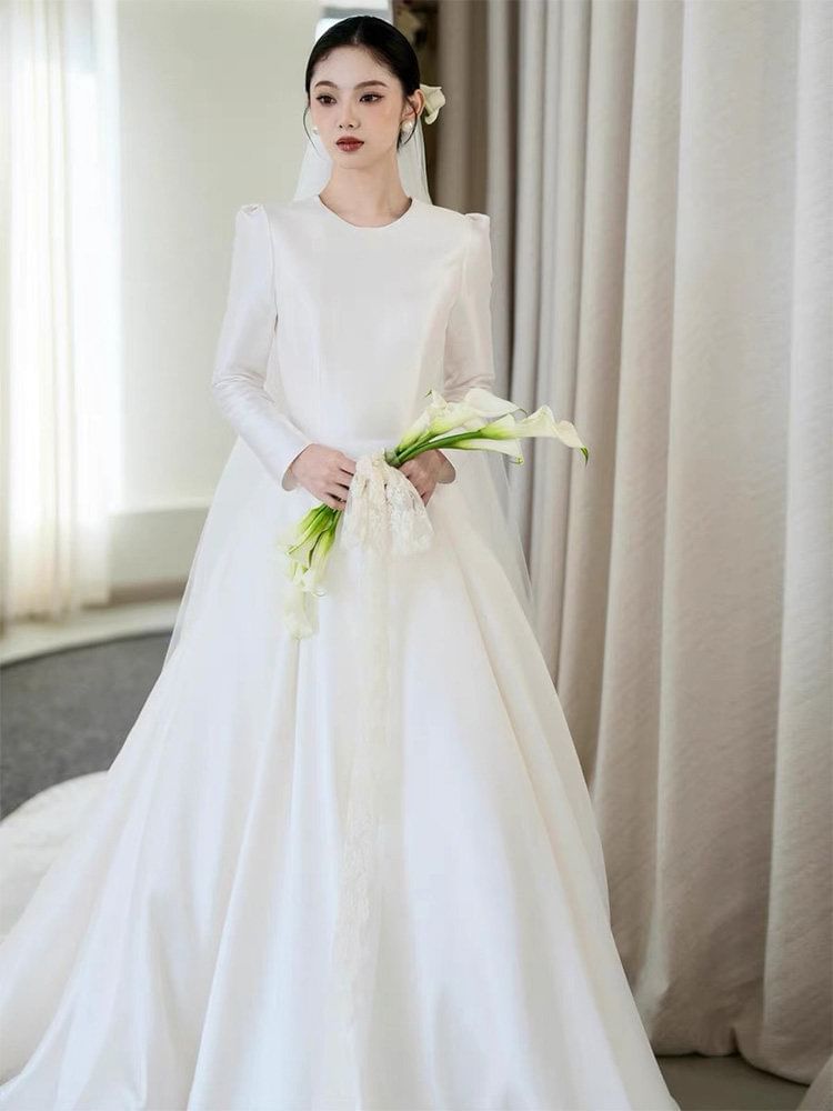 Long-Sleeve Satin A-Line Wedding Gown