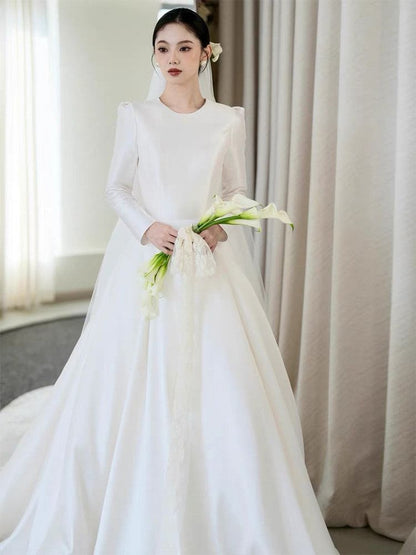 Long-Sleeve Satin A-Line Wedding Gown