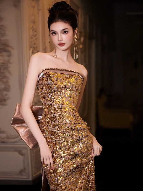 Strapless Sequined Bow Back Bodycon Evening Gown