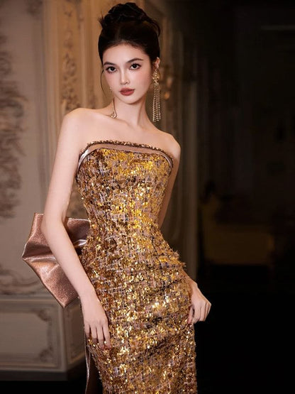 Strapless Sequined Bow Back Bodycon Evening Gown