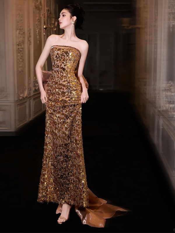 Strapless Sequined Bow Back Bodycon Evening Gown