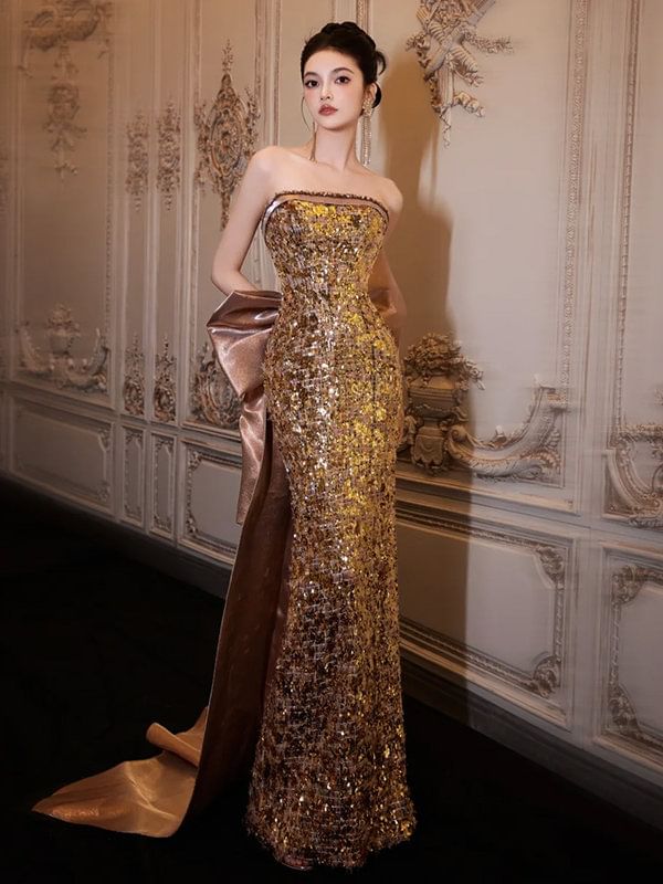 Strapless Sequined Bow Back Bodycon Evening Gown