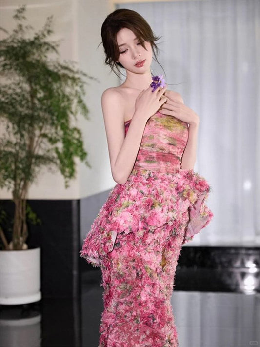 Strapless Floral Print Ruffled Asymmetrical Mermaid Evening Gown
